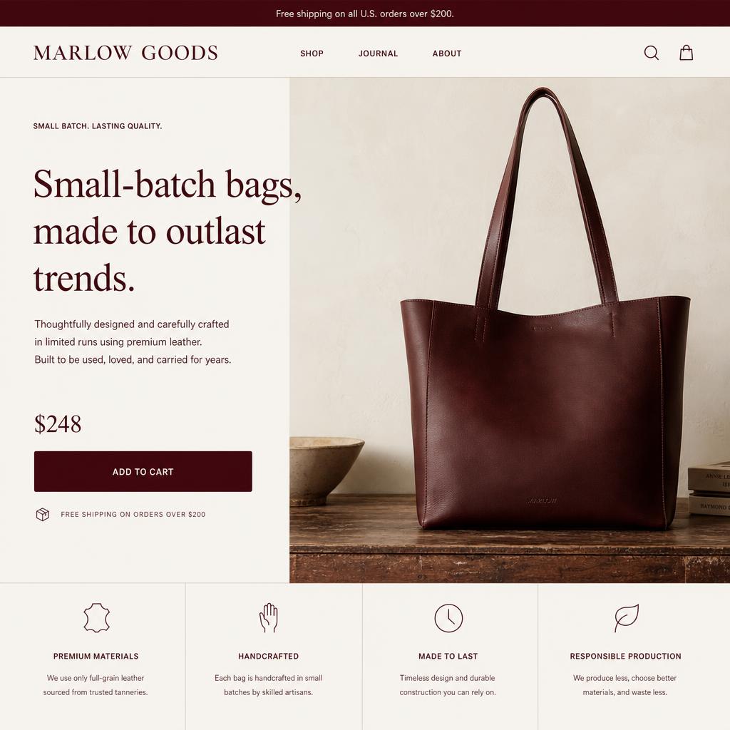 Marlow Goods — An unhurried storefront for a small-batch accessories brand.