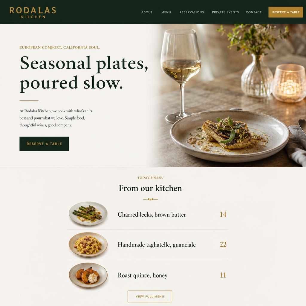 Rodalas Kitchen — A neighborhood restaurant site — menu-first, mood-second.