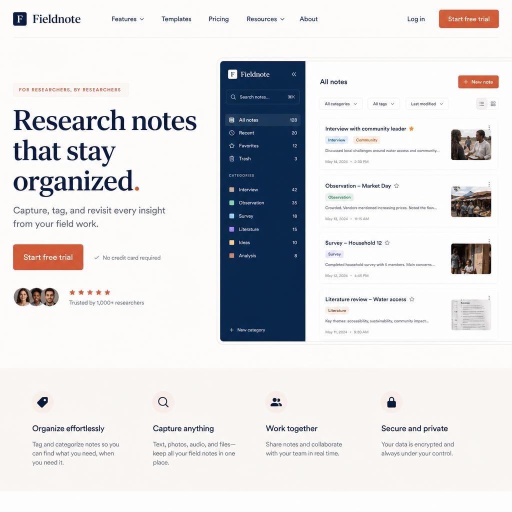 Fieldnote — A SaaS marketing site for a research tool — clarity over decoration.
